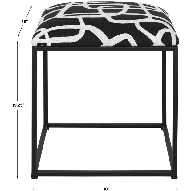 Uttermost Twists and Turns Black & White Contemporary Embroidered Fabric Accent Stool