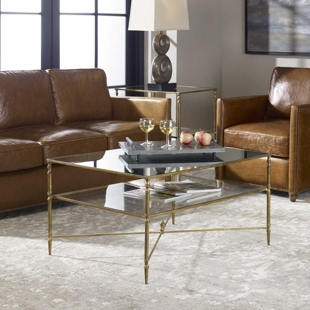 Uttermost Henzler Mirrored Top With Antiqued Gold Iron Coffee Table