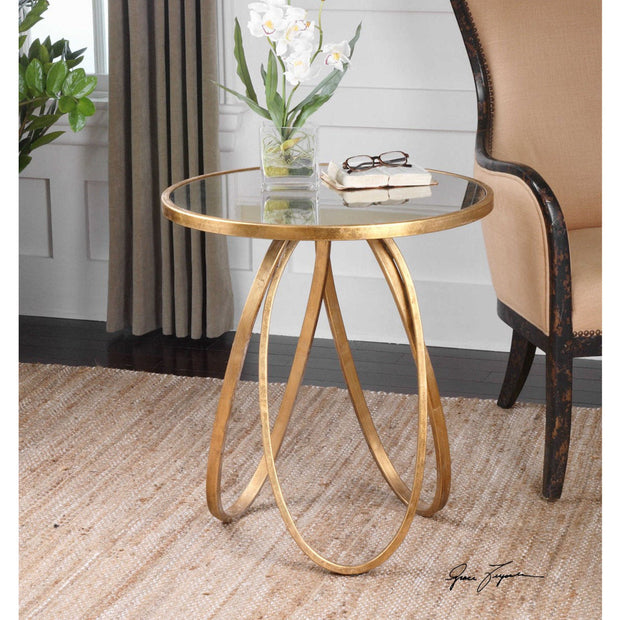 Uttermost Montrez Antiqued Mirror Top With Glazed Gold Leaf Iron Contemporary Side Table