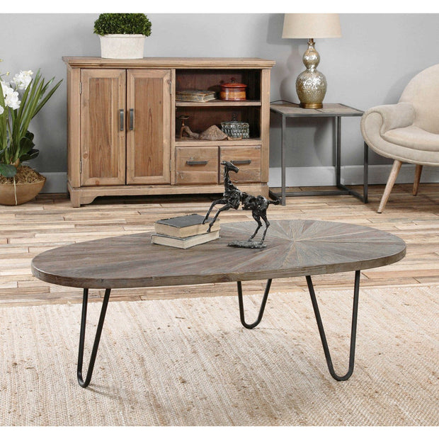 Uttermost Leveni Reclaimed Weathered Gray Wash Wood and Black Iron Rustic Modern Coffee Table