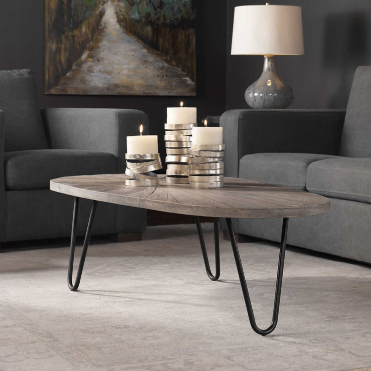 Uttermost Leveni Reclaimed Weathered Gray Wash Wood and Black Iron Rustic Modern Coffee Table