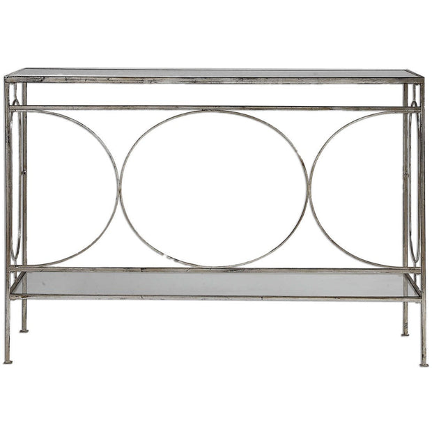 Uttermost Luano Glass Top With Distressed Antiqued Silver Iron Base Contemporary Console Table