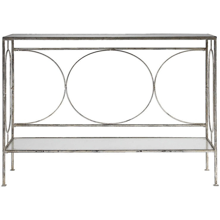 Uttermost Luano Glass Top With Distressed Antiqued Silver Iron Base Contemporary Console Table