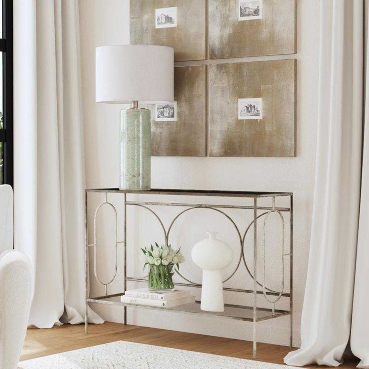 Uttermost Luano Glass Top With Distressed Antiqued Silver Iron Base Contemporary Console Table