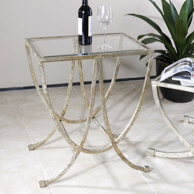 Uttermost Marta Glass Top With Antiqued Silver Leaf Iron Side Table