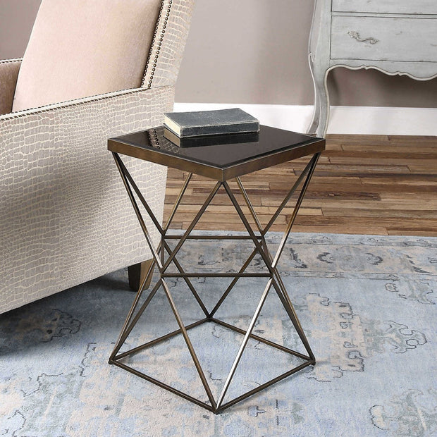 Uttermost Uberto Black Glass Top With Antique Bronze Steel Geometric Modern Accent Table
