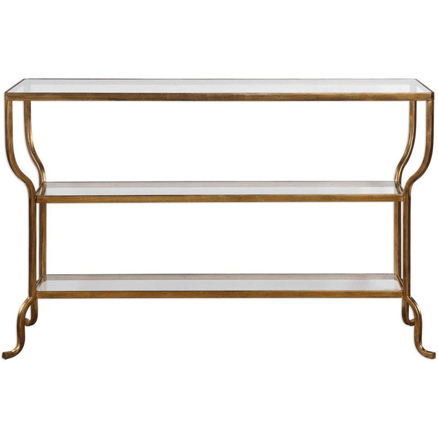 Uttermost Deline Glass Top Shelves With Antiqued Gold Iron Console Table