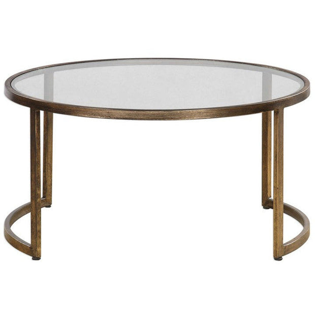 Uttermost Rhea Glass Tops With Antiqued Gold Iron Bases Set of 2 Modern Round Nesting Coffee Tables
