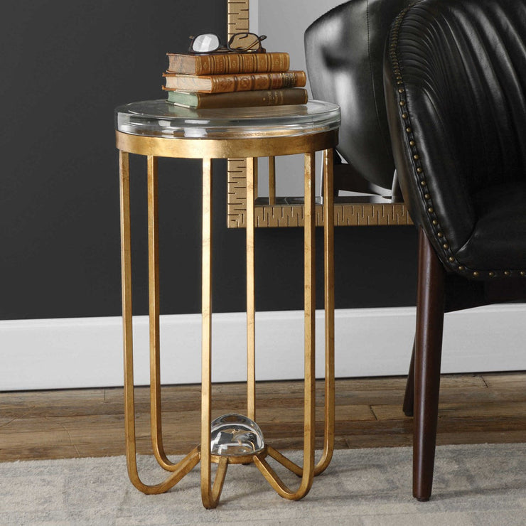 Uttermost Allura Glass Top With Antiqued Gold Leaf Iron Round Accent Table