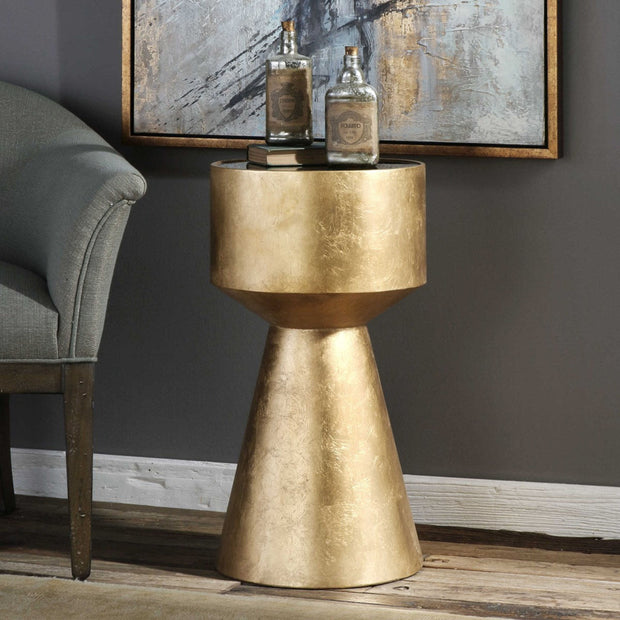 Uttermost Veira Black Glass Top With Metallic Gold Leaf Base Modern Drink Table