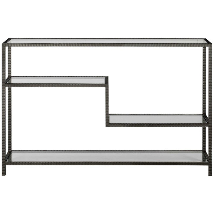 Uttermost Leo Glass Top and Shelves With Aged Gunmetal Iron Modern Console Table