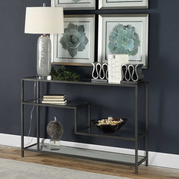 Uttermost Leo Glass Top and Shelves With Aged Gunmetal Iron Modern Console Table