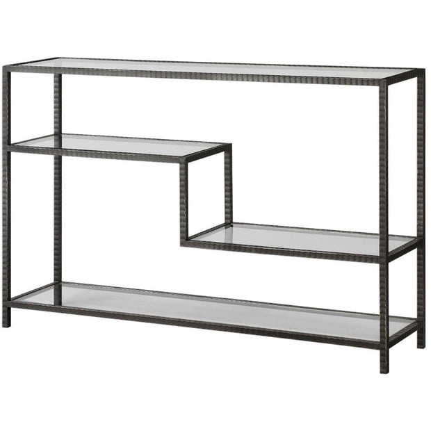 Uttermost Leo Glass Top and Shelves With Aged Gunmetal Iron Modern Console Table