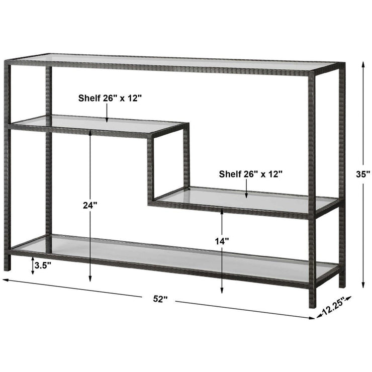 Uttermost Leo Glass Top and Shelves With Aged Gunmetal Iron Modern Console Table