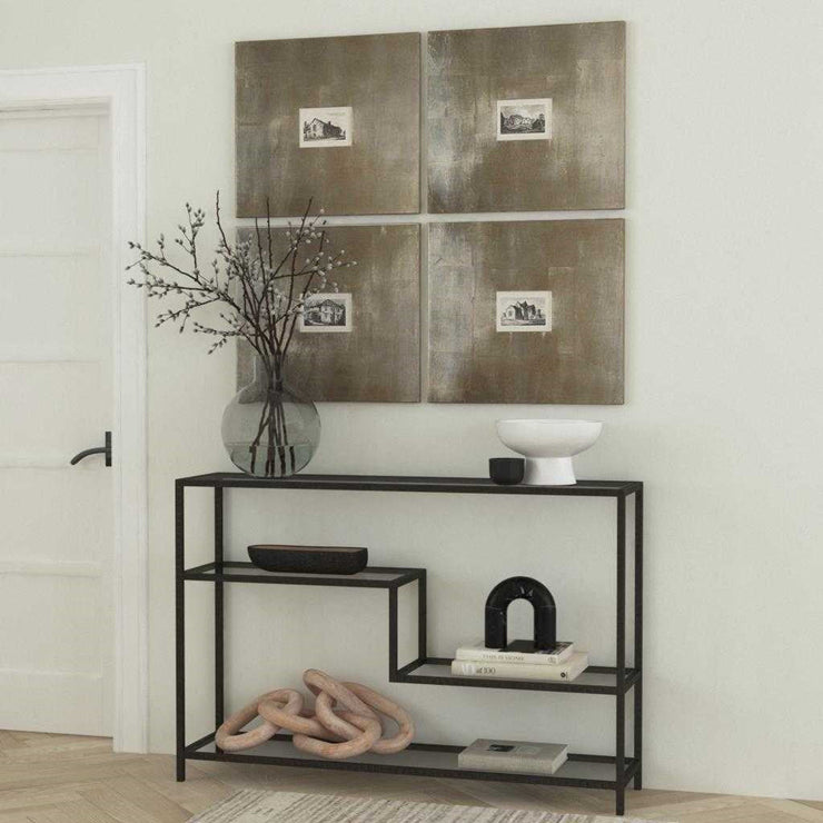 Uttermost Leo Glass Top and Shelves With Aged Gunmetal Iron Modern Console Table