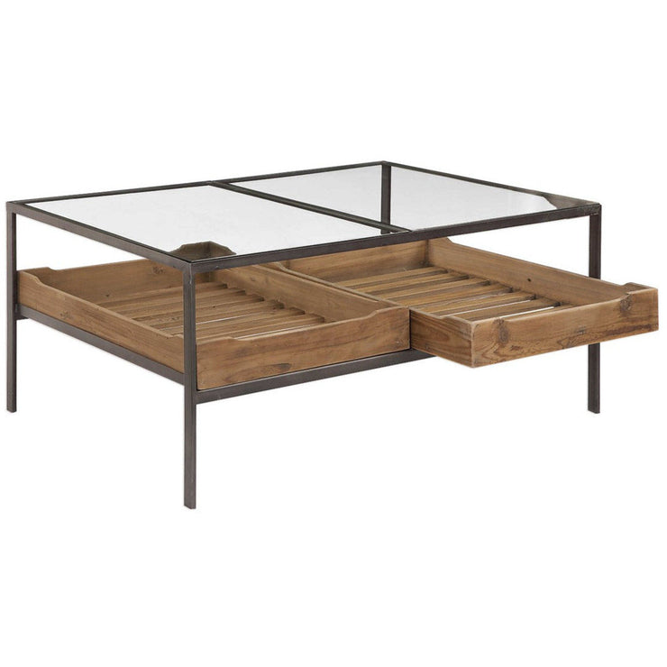 Uttermost Silas Glass Top With Reclaimed Wood and Aged  Iron Rustic Coffee Tablr