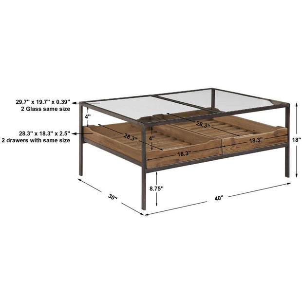 Uttermost Silas Glass Top With Reclaimed Wood and Aged  Iron Rustic Coffee Tablr