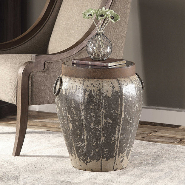 Uttermost Neith Black Glass Top Metal Drum Accent Table