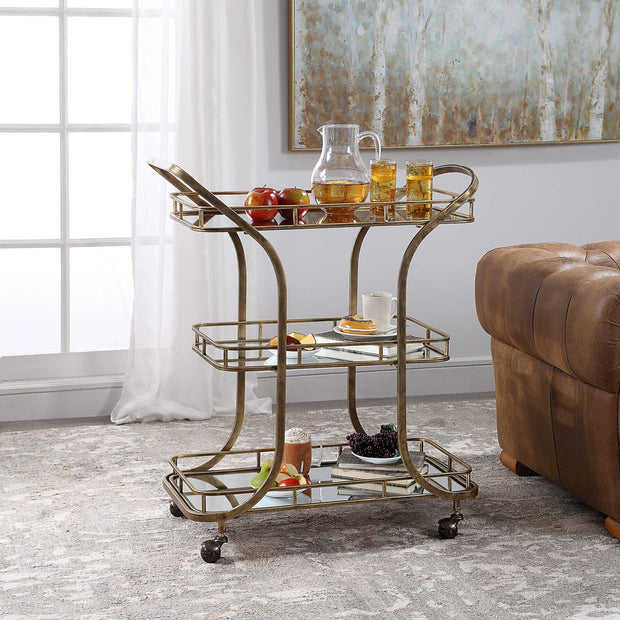 Uttermost Stassi Antiqued Gold Iron With Mirrored Shelves Bar Serving Cart