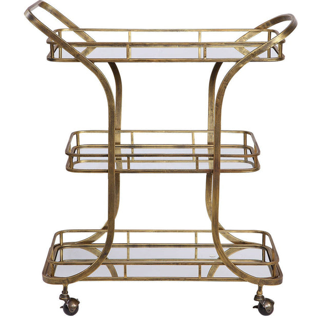 Uttermost Stassi Antiqued Gold Iron With Mirrored Shelves Bar Serving Cart