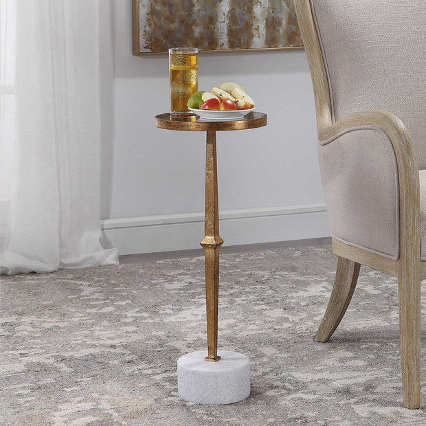 Uttermost Miriam Antiqued Mirror Top With Iron and White Marble Contemporary Round Drink Table