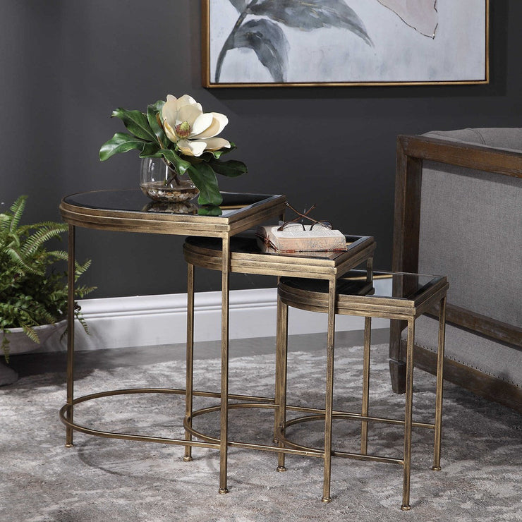 Uttermost India Mirrored Top With Antiqued Brushed Gold Iron Set of 3 Nesting Tables