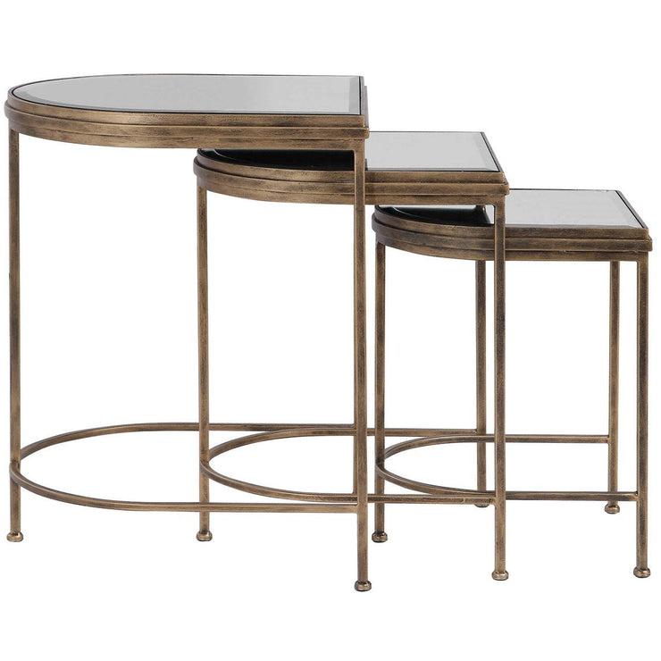 Uttermost India Mirrored Top With Antiqued Brushed Gold Iron Set of 3 Nesting Tables