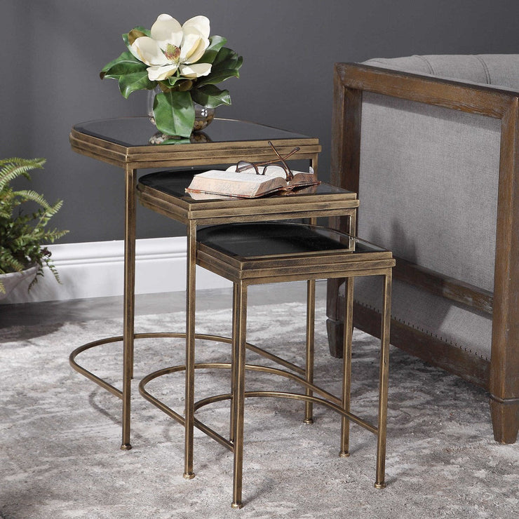 Uttermost India Mirrored Top With Antiqued Brushed Gold Iron Set of 3 Nesting Tables