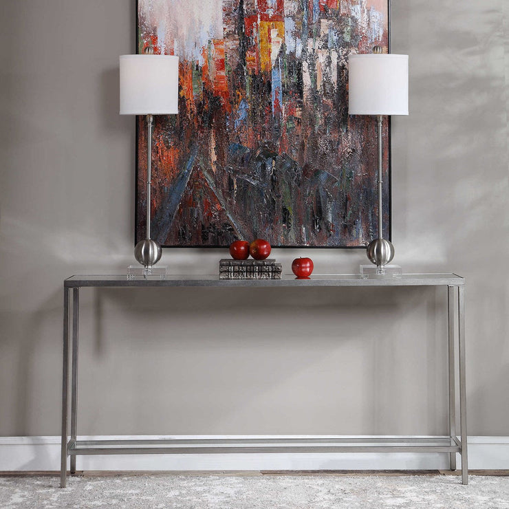 Uttermost Hayley Mirrored Too With Antiqued Silver Iron Modern Narrow Console Table