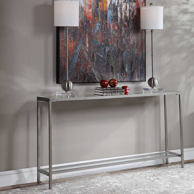 Uttermost Hayley Mirrored Too With Antiqued Silver Iron Modern Narrow Console Table