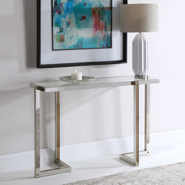 Uttermost Locke Glass Top With Polished Nickel and Gold Base Contemporary Console Table