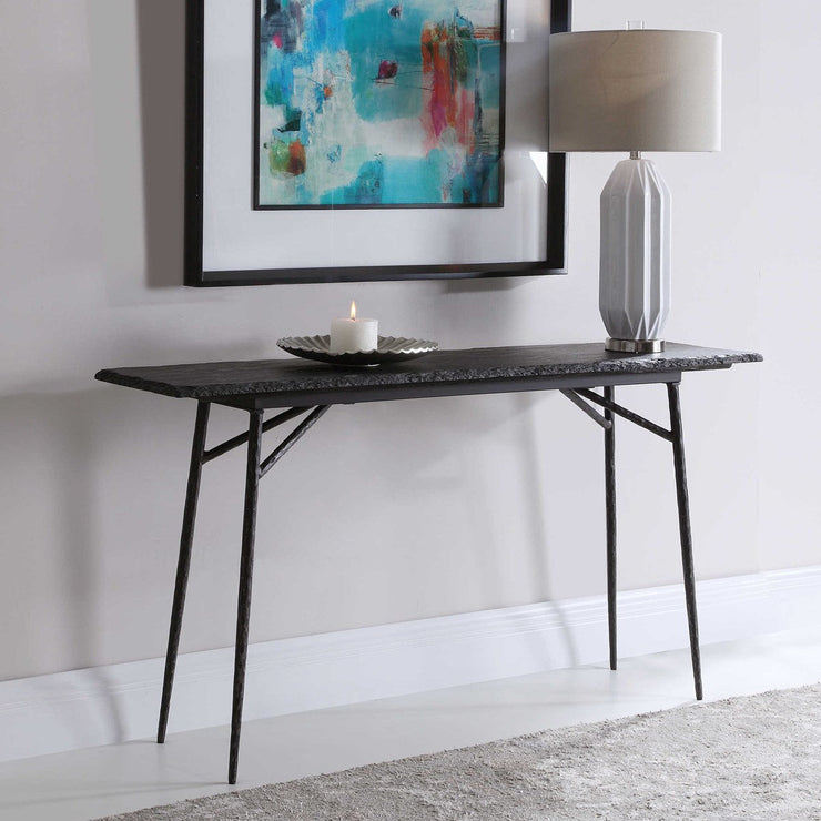 Uttermost Kaduna Textured Black Slate Top With Aged Black Iron Rustic Modern Console Table