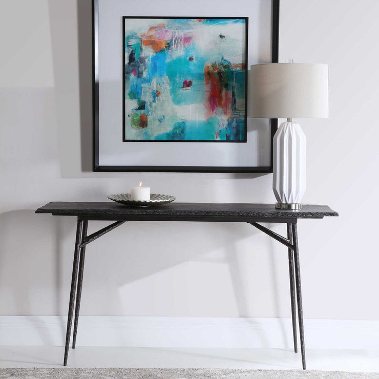 Uttermost Kaduna Textured Black Slate Top With Aged Black Iron Rustic Modern Console Table