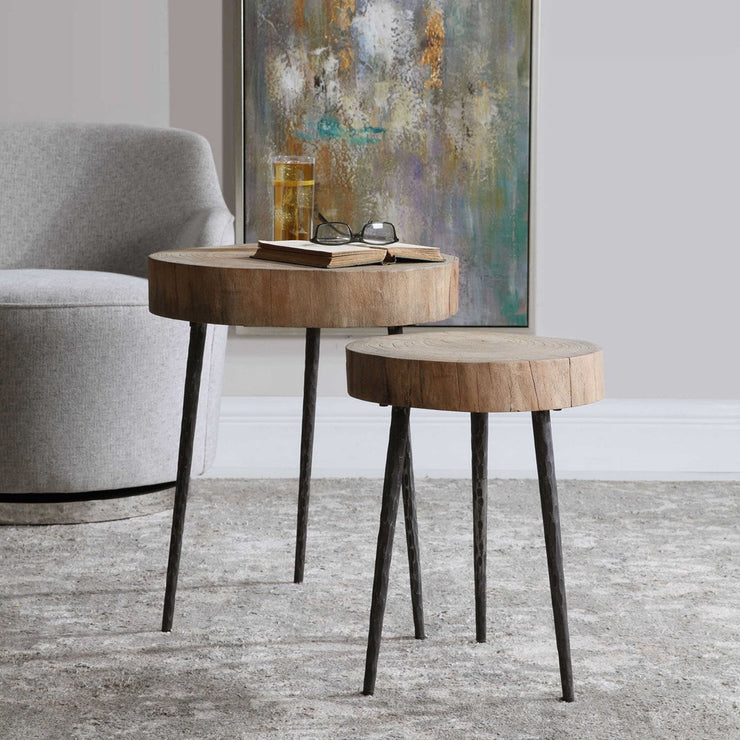 Uttermost Samba Reclaimed Elm Wood Tops With Aged Steel Finished Iron Rustic Modern Set of 2 Nesting Tables