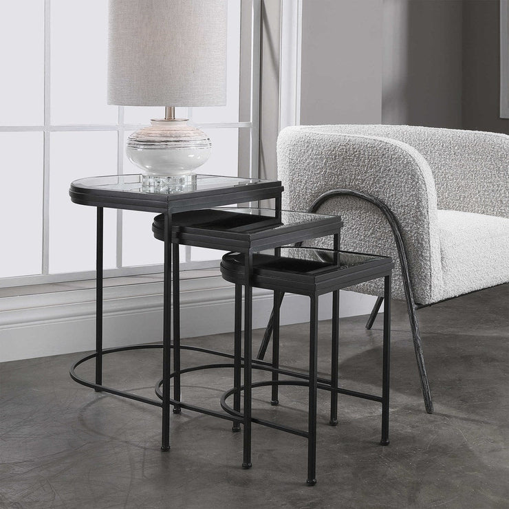 Uttermost India Mirrored Top With Matte Black Iron Set of 3 Nesting Tables