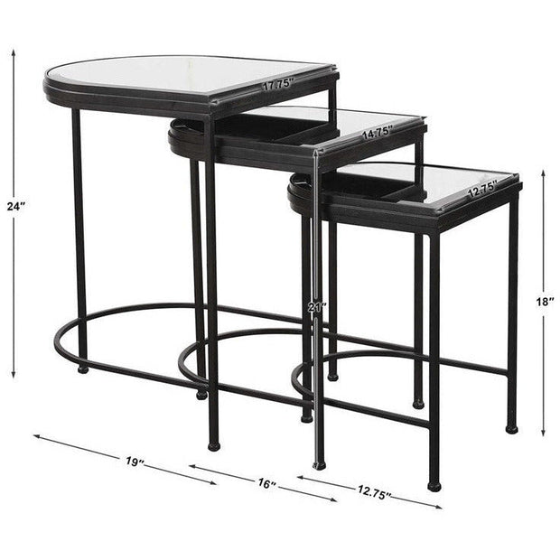 Uttermost India Mirrored Top With Matte Black Iron Set of 3 Nesting Tables