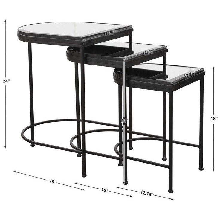 Uttermost India Mirrored Top With Matte Black Iron Set of 3 Nesting Tables