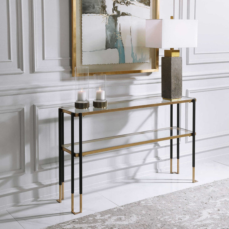 Uttermost Kentmore Glass Too With Matte Black and Brushed Gold Iron Contemporary Console Table