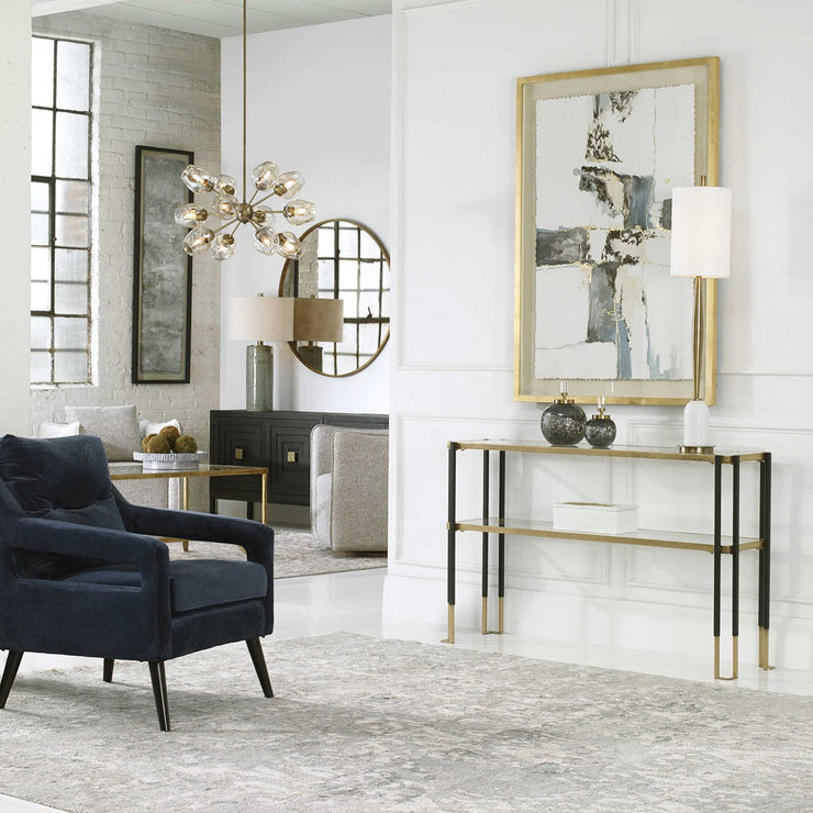 Uttermost Kentmore Glass Too With Matte Black and Brushed Gold Iron Contemporary Console Table