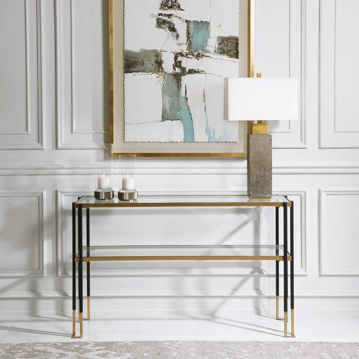 Uttermost Kentmore Glass Too With Matte Black and Brushed Gold Iron Contemporary Console Table