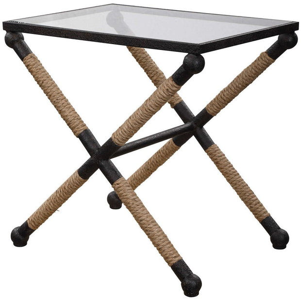 Uttermost Braddock Glass Top With Wrapped Rope Rustic Iron Modern Coastal Accent Table