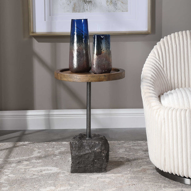 Uttermost Horton Natural Recycled Elm Top With Aged Iron Rustic Modern Round Accent Table