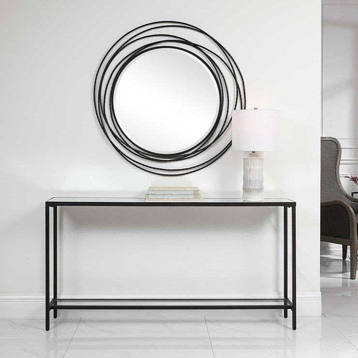 Uttermost Hayley Mirrored Top With Rustic Black Steel Modern Narrow Console Table