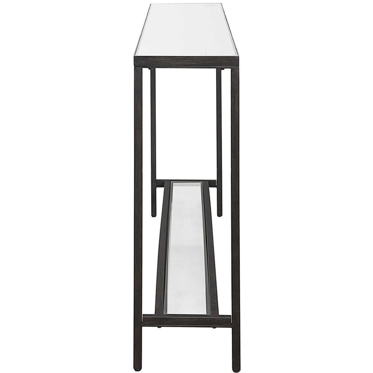 Uttermost Hayley Mirrored Top With Rustic Black Steel Modern Narrow Console Table