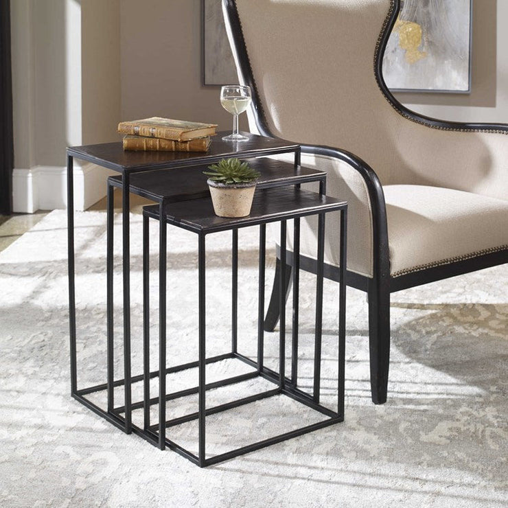 Uttermost Coreene Antiqued Bronze With Aged Black Iron Set of 3 Modern Nesting Tables