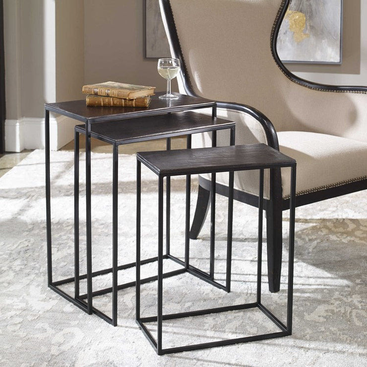 Uttermost Coreene Antiqued Bronze With Aged Black Iron Set of 3 Modern Nesting Tables