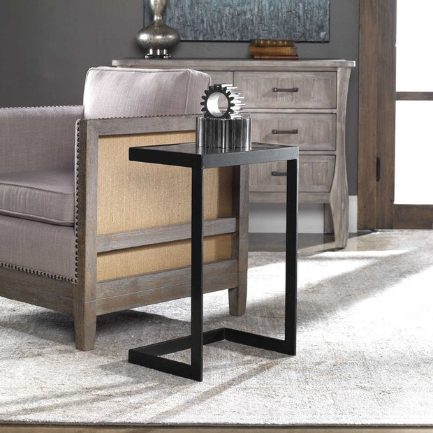 Uttermost Windell Mirrored Top With Black Iron Base Modern Accent Table
