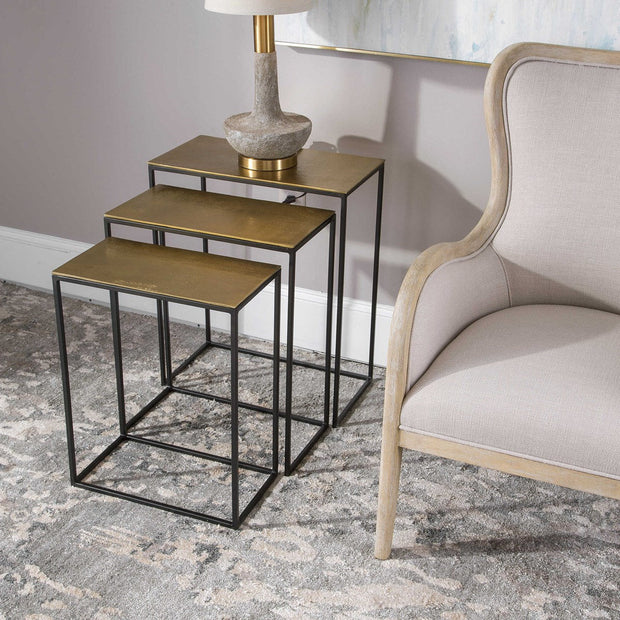 Uttermost Coreene Antiqued Gold With Aged Black Iron Set of 3 Modern Nesting Tables
