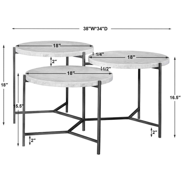 Uttermost Contarini White Marble Toos With Gunmetal Silver Iron Tiered Coffee Tables