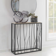 Uttermost Reed Natural Ivory Travertine Top With Asymmetrical Metal Rustic Modern Console Table